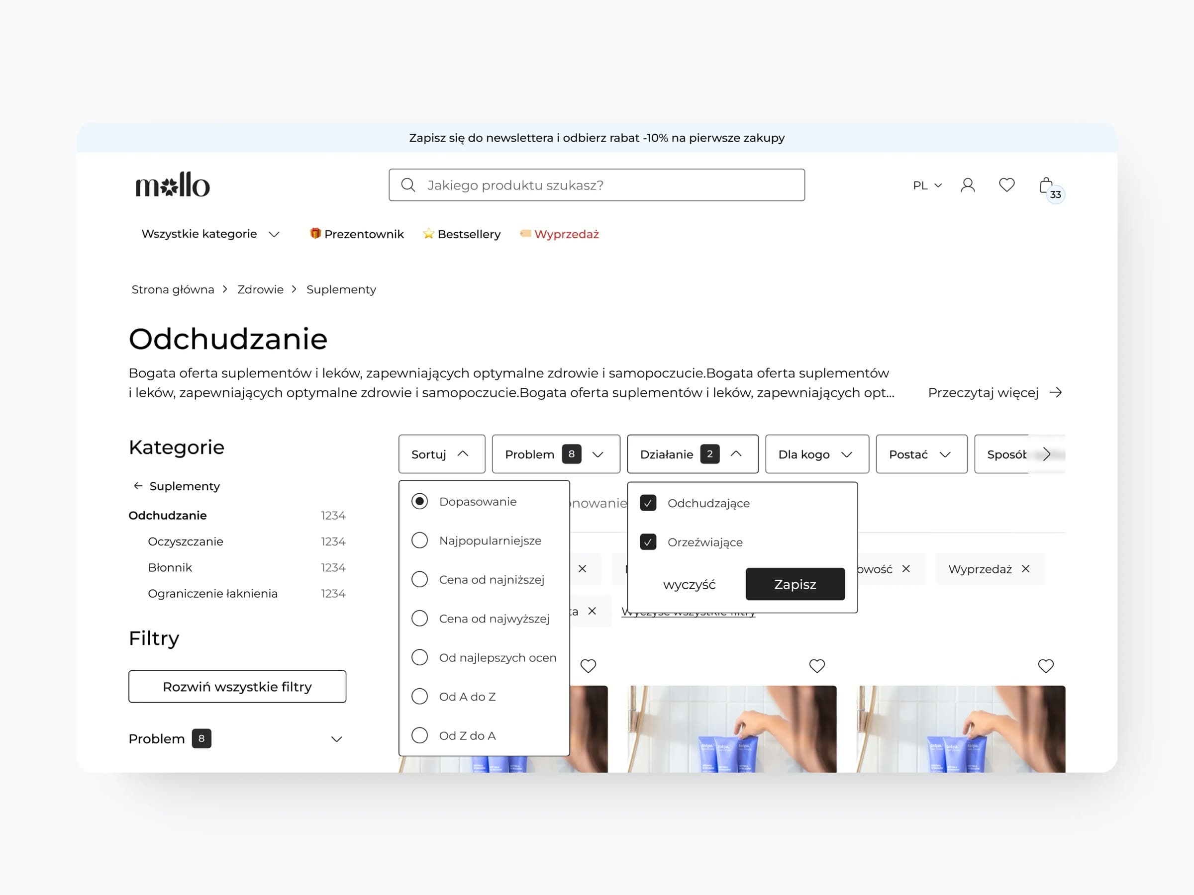 Mollo category page with filters and a product grid